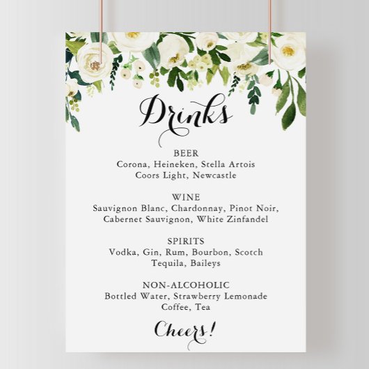 Poster Panneau de menu de boissons de mariage floral blan