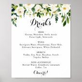 Poster Panneau de menu de boissons de mariage floral blan (Devant)