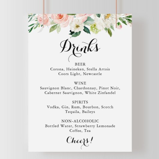 Poster Panneau de menu de boissons de mariage floral vert
