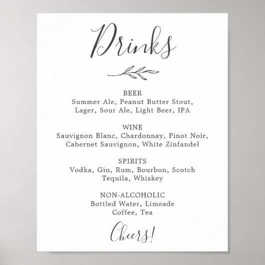 Poster Panneau de menu de boissons de mariage gris foncé (Devant)