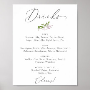 Poster Panneau de menu de boissons de mariage lilas rusti
