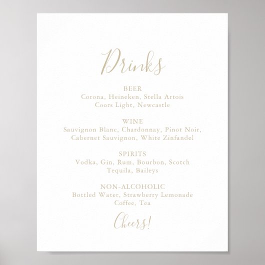Poster Panneau de menu de boissons de mariage minimaliste (Devant)