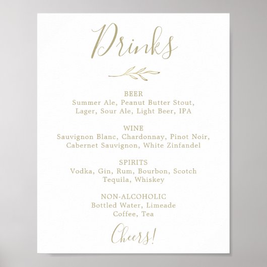 Poster Panneau de menu de boissons de mariage or Feuille (Devant)