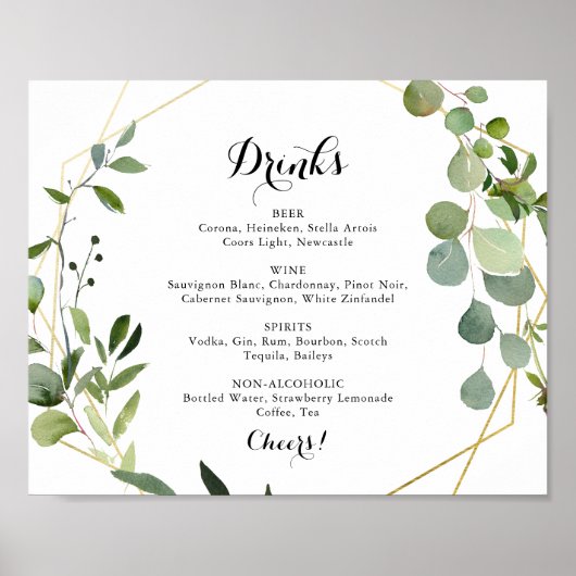 Poster Panneau de menu de boissons de mariage tropical or (Devant)