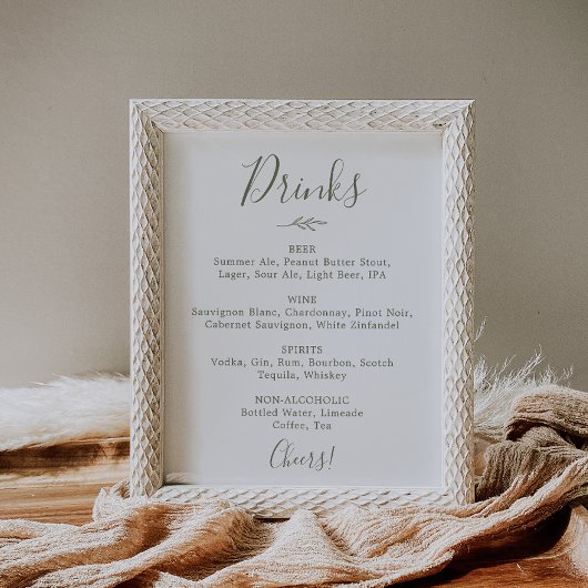 Poster Panneau de menu de boissons de mariage vert olive