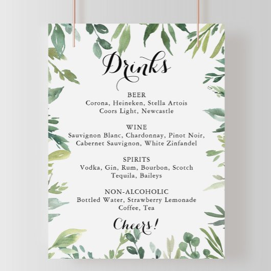 Poster Panneau de menu de boissons de mariage vert tropic