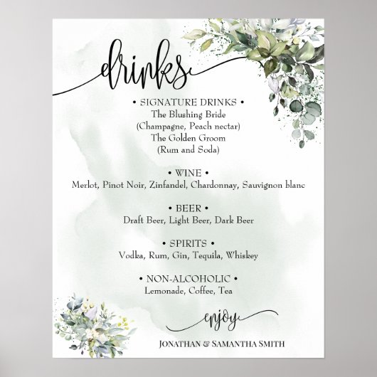 Poster Panneau de menu de boissons mariage eucalyptus suc (Devant)