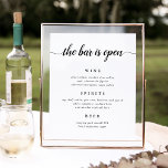 Poster Panneau de menu de la barre de Mariage de calligra<br><div class="desc">Les clients Invitations peuvent profiter d'une libation préférée du bar avec notre charmant panneau de menu du bar mariage. L'affiche 11x14 présente le titre "le bar est ouvert" en écriture de calligraphie noire et en lettres de bloc. Personnalisez avec vos sélections de vin,  bière et spiritueux sous.</div>
