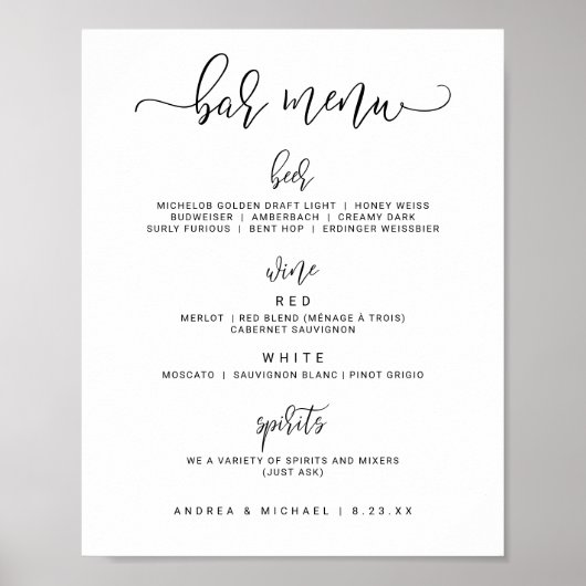 Poster Panneau de menu de la barre mariage - Calligraphie (Devant)
