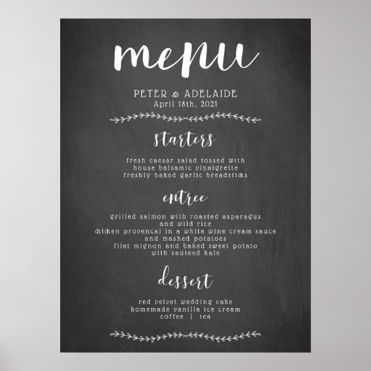 Poster Panneau de menu de mariage à craie rustique / Affi (Devant)
