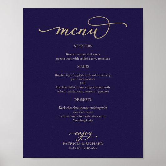 Poster Panneau de menu de mariage bleu marine écriture do (Devant)