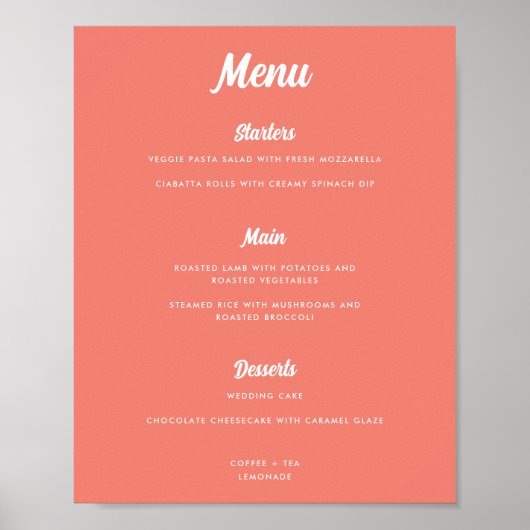 Poster Panneau de menu de mariage moderne rose corail écr (Devant)