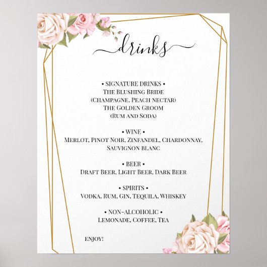 Poster Panneau de menu des boissons de mariage aux roses (Devant)