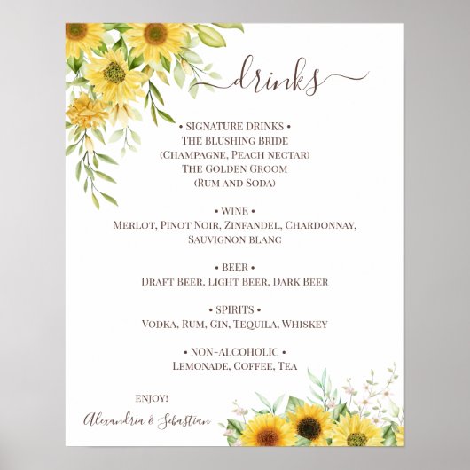 Poster Panneau de menu des boissons de mariage avec tourn (Devant)