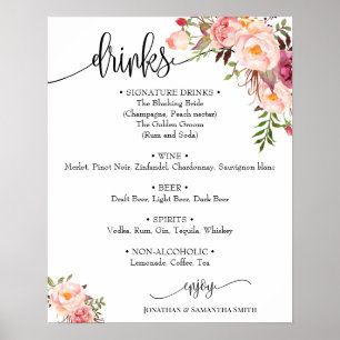 Poster Panneau de menu des boissons mariage floral rose b
