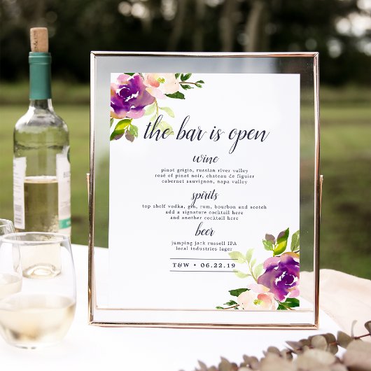 Poster Panneau de menu Mariage de la barre en fleur vive