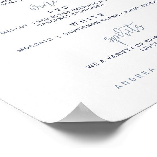 Poster Panneau de menu mariage - Script de rebond (bleu f (Coin)