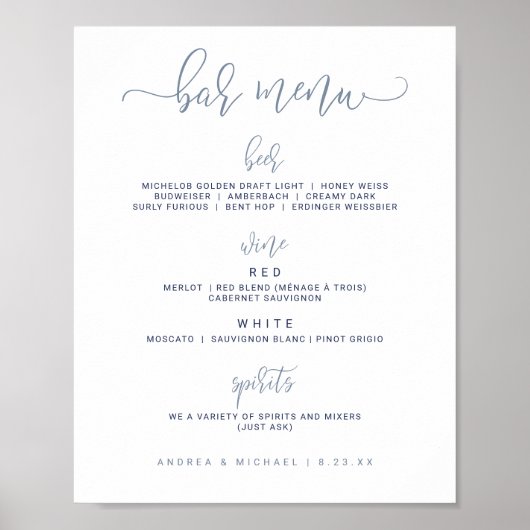 Poster Panneau de menu mariage - Script de rebond (bleu f (Devant)
