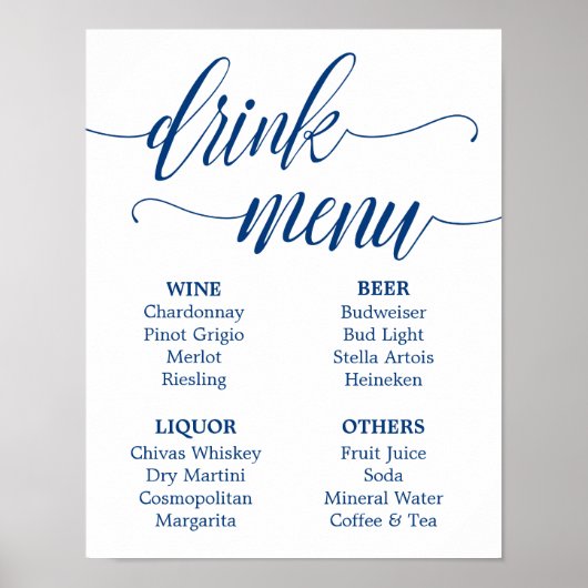 Poster Panneau de menu Mariage Signal bleu marine Calligr (Devant)