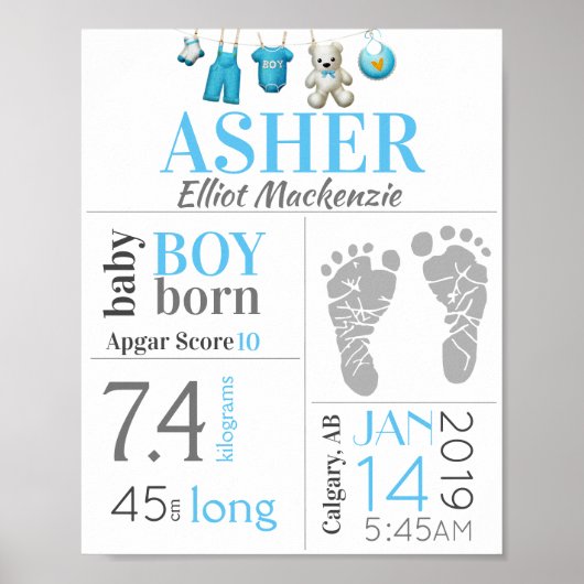Poster Panneau de naissance Bleu Bébé Garçon avec emprein (Devant)