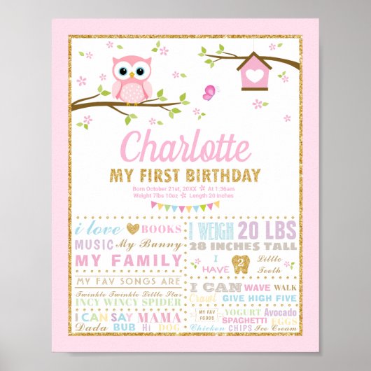 Poster Panneau de naissance rose pour le 1er anniversaire (Devant)
