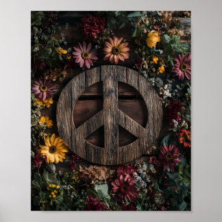 Poster Panneau de paix en bois rustique avec fleur sauvag