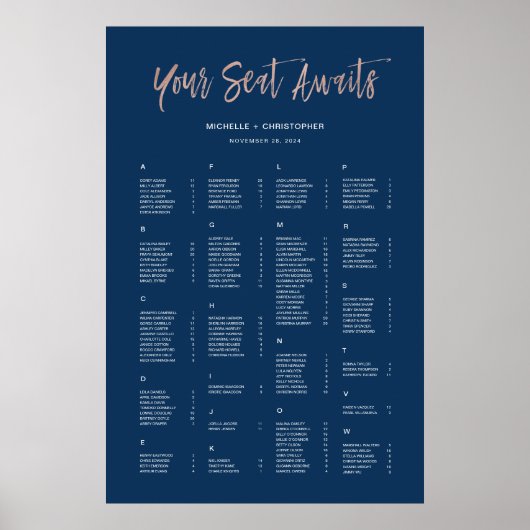 Poster Panneau de plan de table alphabétique en or rose e (Devant)