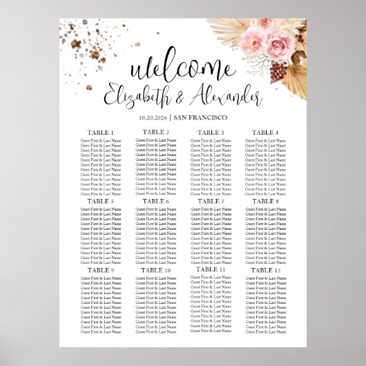 Poster Panneau de plan de table alphabétique floral (Devant)