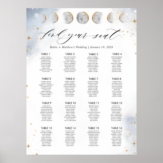 Poster Panneau de plan de table céleste avec 16 tables ou (Devant)