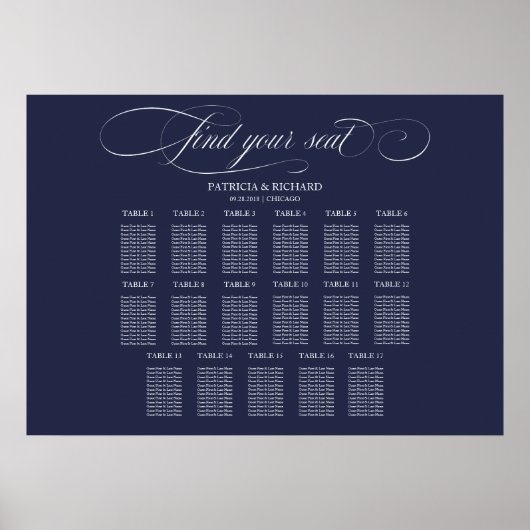 Poster Panneau de plan de table de mariage 17 tables bleu (Devant)