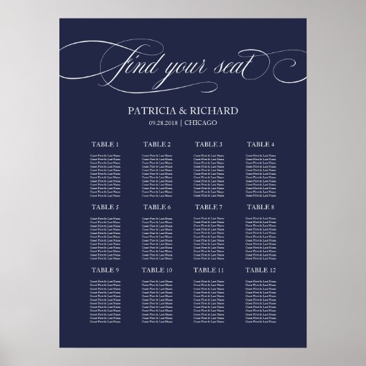 Poster Panneau de plan de table de mariage bleu marine 12 (Devant)