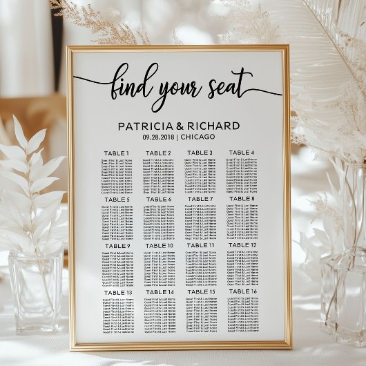 Poster Panneau de plan de table de mariage Calligraphie é