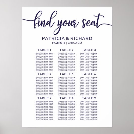 Poster Panneau de plan de table de mariage chic bleu mari (Devant)