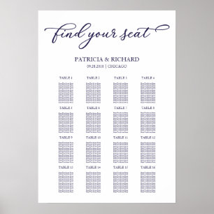 Poster Panneau de plan de table de mariage Chic Bleu Nuit