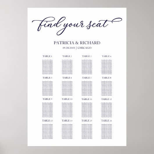 Poster Panneau de plan de table de mariage Chic Bleu Nuit (Devant)