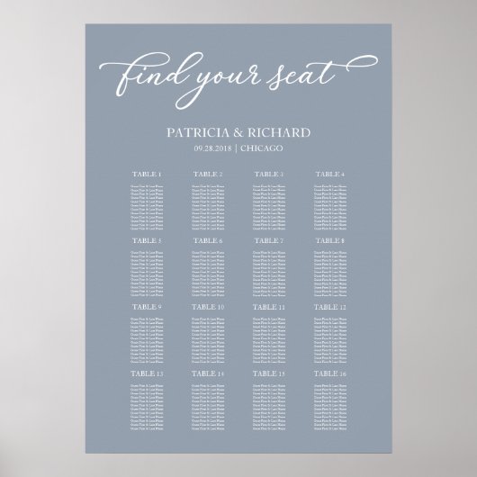 Poster Panneau de plan de table de mariage Chic Bleu Pous (Devant)
