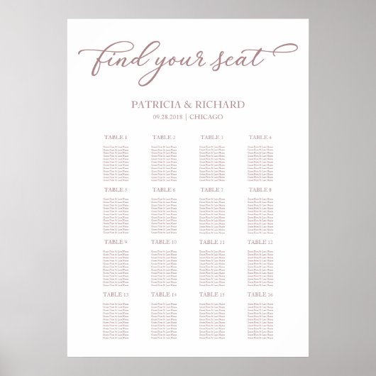 Poster Panneau de plan de table de mariage Chic Rose Gold (Devant)