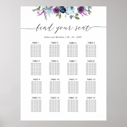 Poster Panneau de plan de table de mariage chic violet et (Devant)