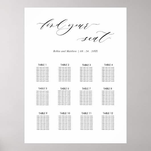 Poster Panneau de plan de table de mariage élégant (Devant)