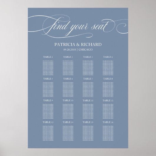Poster Panneau de plan de table de mariage Élégant bleu p (Devant)
