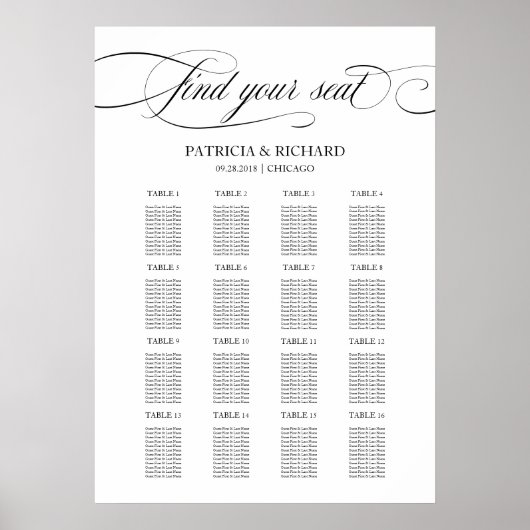 Poster Panneau de plan de table de mariage élégant écritu (Devant)