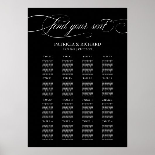 Poster Panneau de plan de table de mariage élégant noir (Devant)