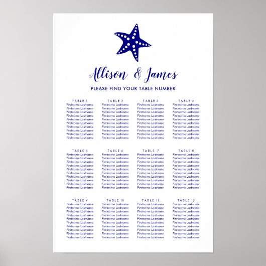 Poster Panneau de plan de table de mariage étoile de mer (Devant)