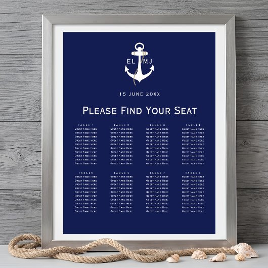 Poster Panneau de plan de table de mariage nautique de la