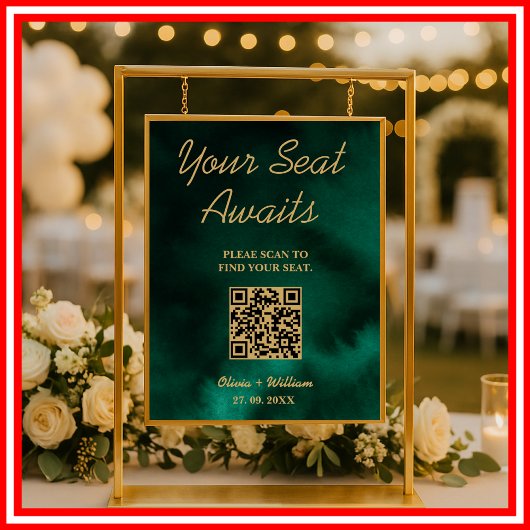 Poster Panneau de plan de table de mariage QR vert émerau