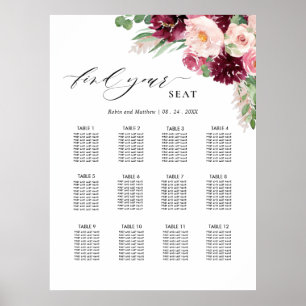 Poster Panneau de plan de table de mariage rose Burgundy