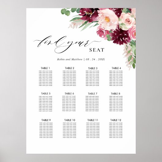Poster Panneau de plan de table de mariage rose Burgundy (Devant)