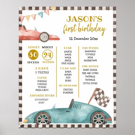 Poster Panneau de première année de la voiture de course (Devant)