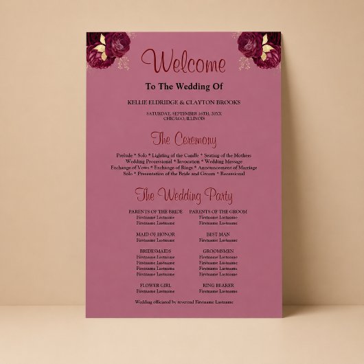Poster Panneau de programme de cérémonie de mariage flora