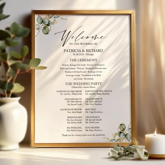 Poster Panneau de programme de mariage à feuillage doré é
